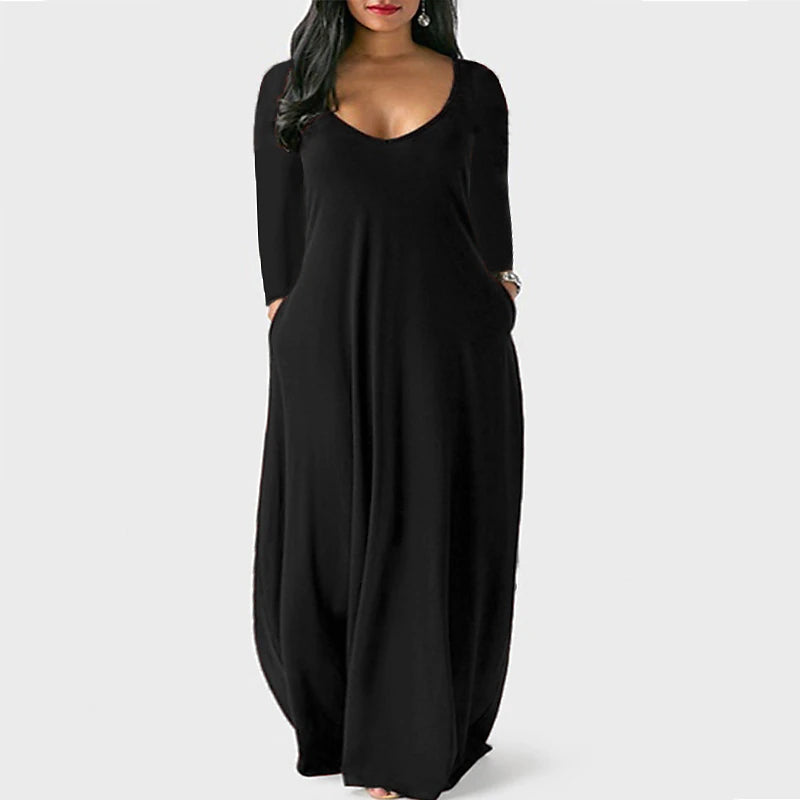 Women‘s Plus Size Curve Shift Dress Solid Color Boat Neck Long Sleeve Spring Fall Basic Casual Maxi long Dress Daily Vacation Dress