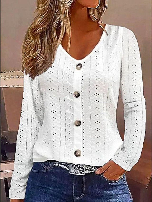 Women's T shirt Tee Plain Casual Button White Long Sleeve Elegant Fashion Basic V Neck Fall & Winter