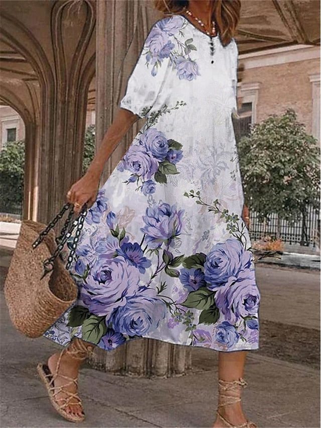 Women's Casual Dress Summer Dress Print Dress Floral Pocket Print Crew Neck Midi Dress Fashion Streetwear Outdoor Daily Short Sleeve Loose Fit Pink Blue Purple Summer Spring S M L XL XXL - LuckyFash™