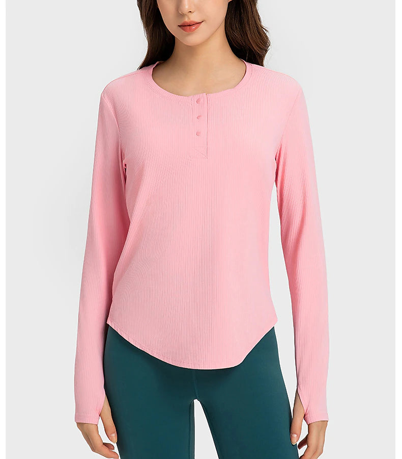 Women's Running T-Shirt Henley Shirt Solid Color Yoga Fitness Button Ribbed Black White Pink Crew Neck Long Sleeve High Elasticity Spring &  Fall