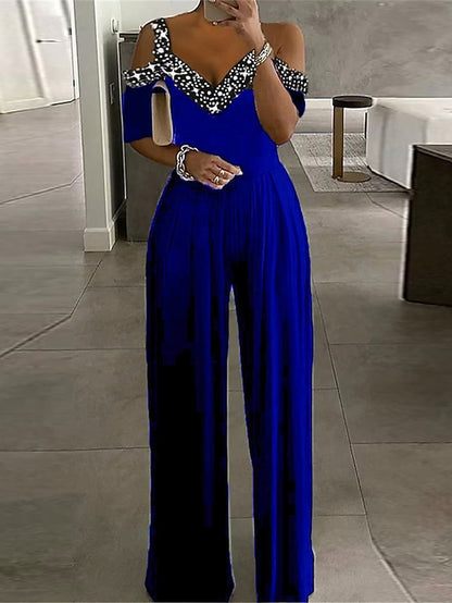 Women's Jumpsuit Beaded Solid Color V Neck Elegant Party Prom Regular Fit Short Sleeve Black Wine Blue S M L Summer - LuckyFash™