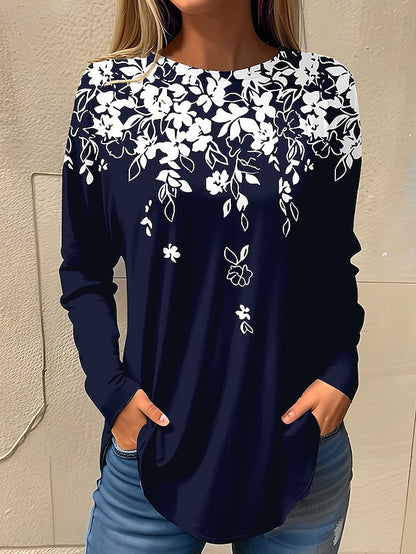 Women's T shirt Tee Floral Holiday Weekend Print White Long Sleeve Basic Round Neck Fall & Winter