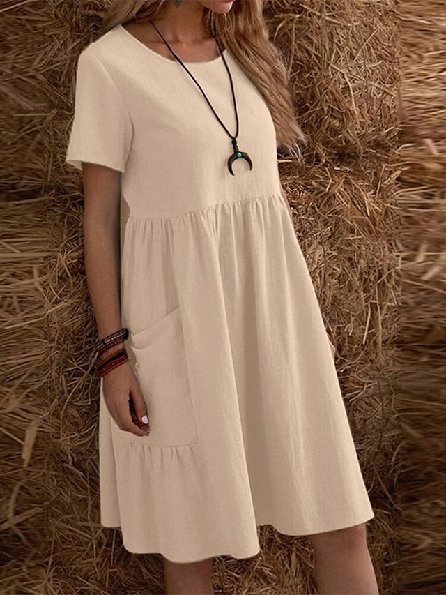 Women's Casual Dress Cotton Linen Dress Maxi long Dress Linen / Cotton Blend Fashion Street Style Daily Date Weekend Crew Neck Ruffle Pocket Short Sleeve Summer 2023 Regular Fit claret Black Yellow - LuckyFash™