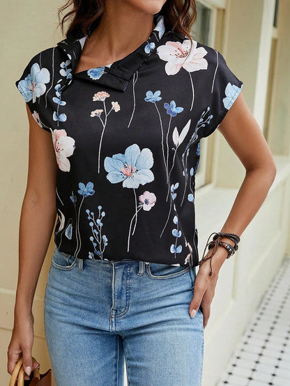 Women's Shirt Blouse Floral Print Black White Button Cap Sleeve Casual Work High Neck Short Sleeve Summer Blouse