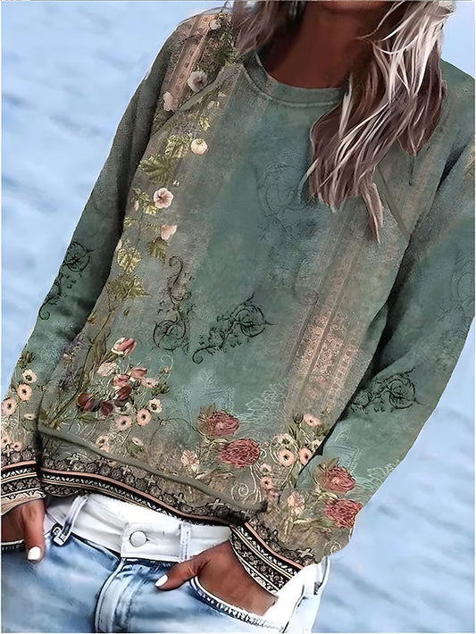 Women's T shirt Tee Floral Holiday Weekend Print Light Green Long Sleeve Basic Round Neck Fall & Winter