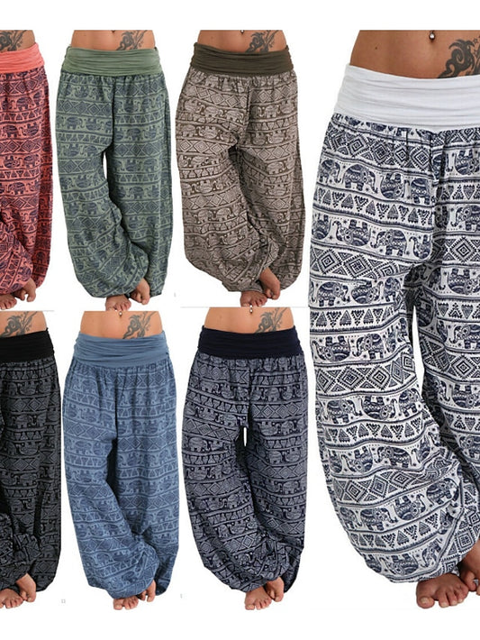 Womenâ€˜s Harem Pants Wide Leg Fold Over Waist Palazzo Bohemia Zumba Belly Dance Yoga Bloomers Bottoms Elephant Hippie Boho Navy ArmyGreen White Plus Size Sports Activewear - LuckyFash™