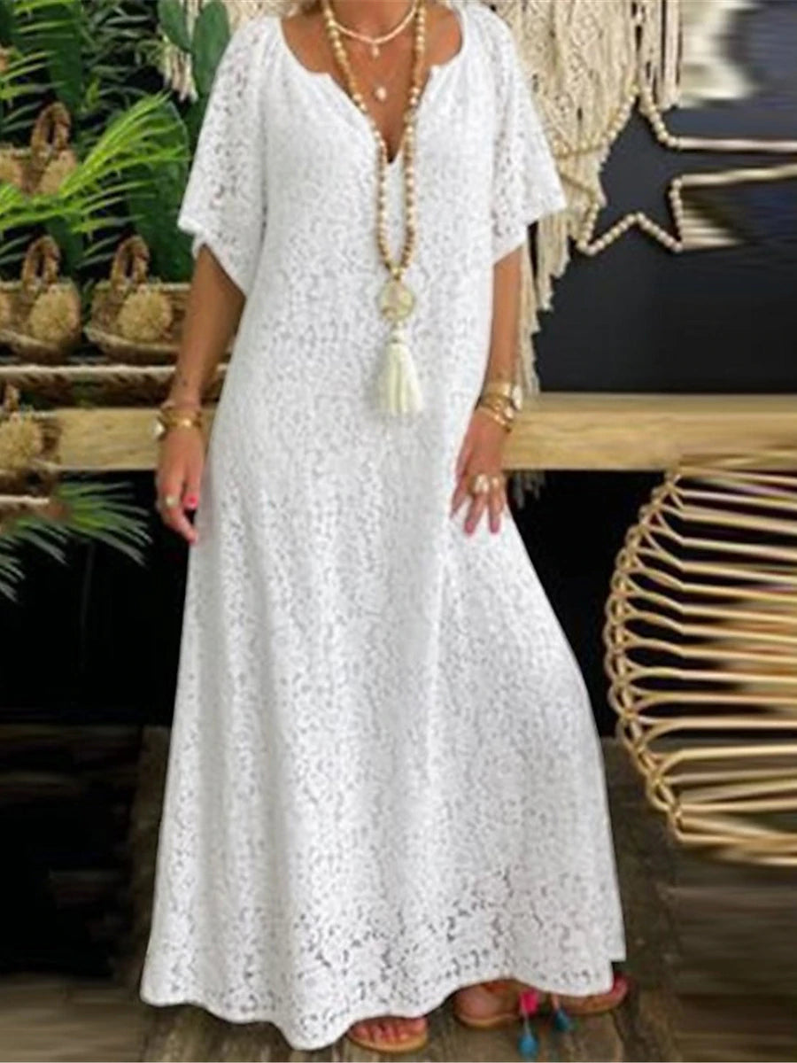 Women's White Dress Lace Dress Casual Dress Maxi long Dress Lace Patchwork Daily Date Fashion Basic Split Neck Half Sleeve Black White Color