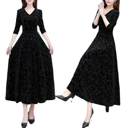 Women's Velvet Dress Homecoming Dress Empire Waist Dresses Long Dress Maxi Dress Black Wine Blue Long Sleeve Pure Color Ruched Spring Fall Winter V Neck Stylish Winter Dress Evening Party Wedding