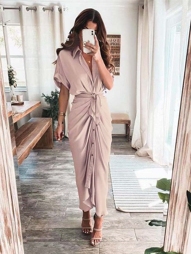 Women's Shirt Dress Casual Dress Work Dress Maxi long Dress Party Daily Holiday Satin Silk Fashion Elegant Shirt Collar Lace up Ruched Short Sleeve Summer Spring 2023 Regular Fit Black Pink Wine Pure - LuckyFash™