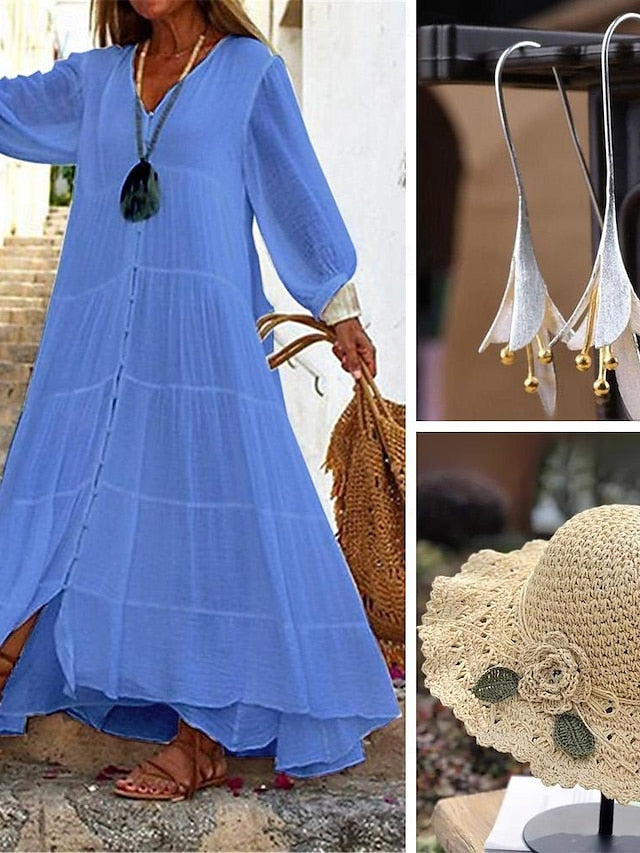 Women's White Dress with Flower Crochet Straw Hat Floral Earrings 4 PCS Shirt Dress Casual Dress Maxi long Dress Ruffle Button Basic Daily V Neck 3/4 Length Sleeve Summer Spring Vacation Beach Dress