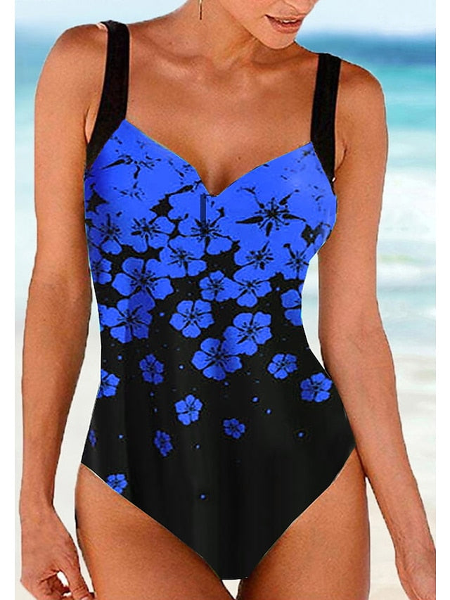 Women's Swimwear One Piece Monokini Bathing Suits Normal Swimsuit High Waisted Floral Print Green Blue Fuchsia Navy Blue Padded V Wire Bathing Suits Sports Vacation Sexy / Strap / New / Strap - LuckyFash™