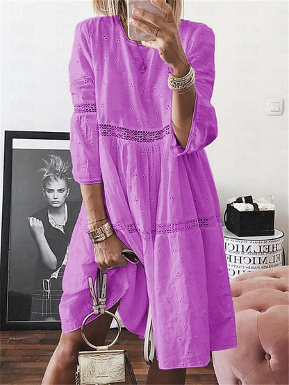 Women's White Dress Lace Dress Casual Dress Midi Dress Cotton with Sleeve Date Basic Crew Neck 3/4 Length Sleeve White Yellow Purple Color