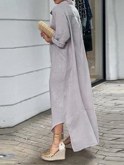 Women's Shirt Dress Casual Dress Cotton Linen Dress Maxi long Dress Button Basic Daily Shirt Collar 3/4 Length Sleeve Summer Spring Gray Plain