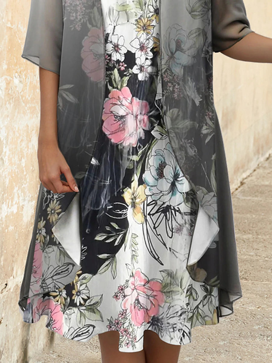 Women's Two Piece Dress Set Casual Dress Chiffon Dress Print Dress Outdoor Holiday Fashion Modern Print Midi Dress Crew Neck Half Sleeve Floral Loose Fit Gray Spring S M L XL XXL