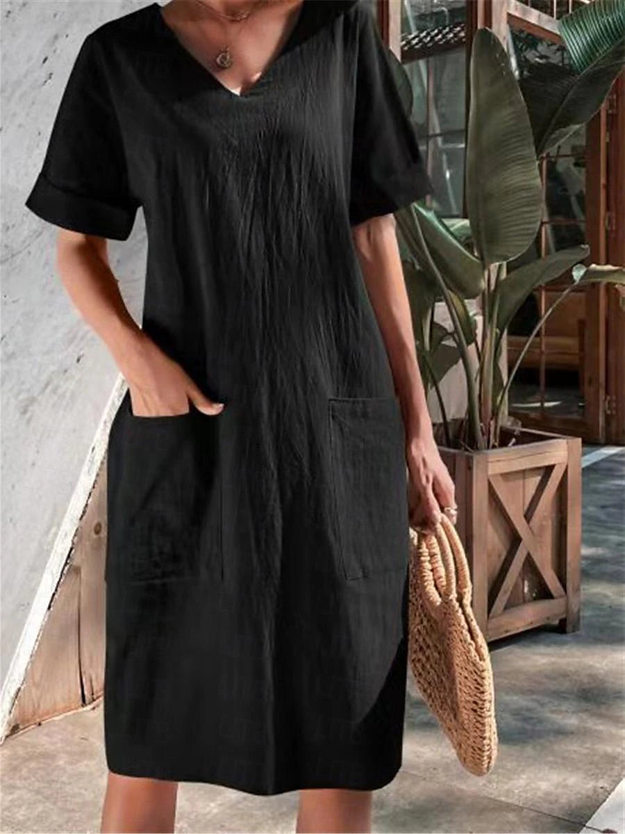 Women's White Dress Casual Dress Summer Dress Midi Dress Cotton Pocket Date Basic V Neck Short Sleeve Black White Wine Color