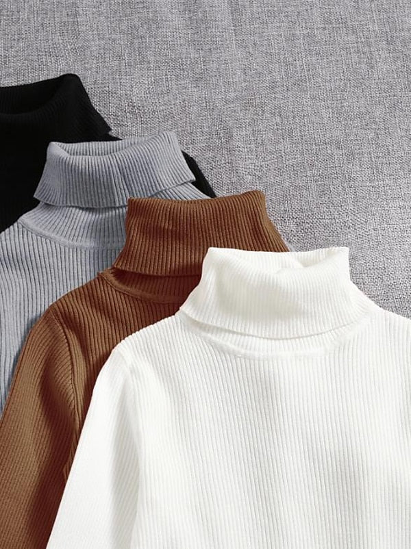 Women's Pullover Sweater Jumper Turtleneck Ribbed Knit Spandex Knitted Thin Fall Winter Daily Basic Casual Long Sleeve Solid Color caramel Black White One-Size 2XL / 3XL S / M