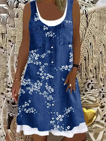 Women's Shift Dress Knee Length Dress Blue Gray Brown Light Blue Sleeveless Floral Fake two piece Print Spring Summer Boat Neck Casual Modern Loose 2023 S M L XL XXL 3XL 4XL - LuckyFash™