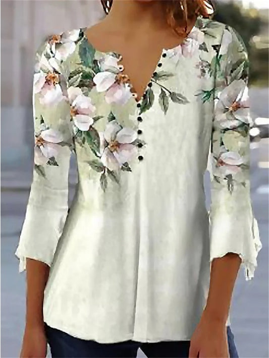 Women's Shirt Blouse Floral Casual Holiday Print Green 3/4 Length Sleeve Daily Basic Round Neck Fall & Winter