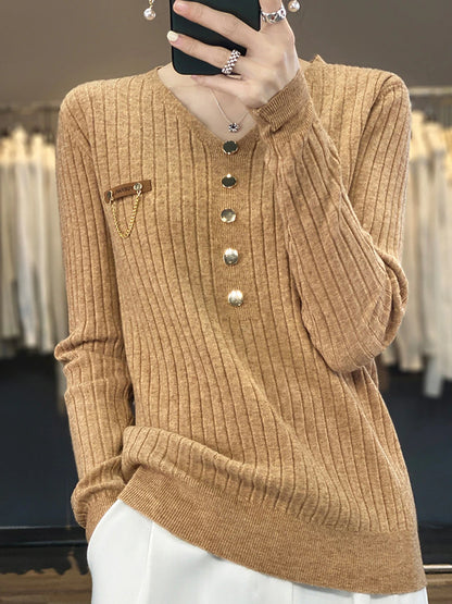 Women's Pullover Sweater Jumper V Neck Ribbed Knit Polyester Button Fall Winter Regular Outdoor Daily Going out Stylish Casual Soft Long Sleeve Solid Color Black White Yellow S M L