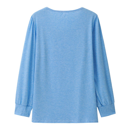 Women's T shirt Tee Cotton Plain Casual Daily Holiday Light Blue Long Sleeve Basic U Neck Fall & Winter