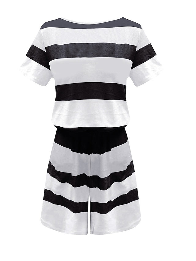 Women's Romper Pocket Print Striped V Neck Streetwear Street Daily Regular Fit Short Sleeve Black White Pink S M L Summer - LuckyFash™