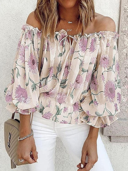 Women's Shirt Blouse Floral Casual Holiday Lace up Button Print Cold Shoulder White Long Sleeve Fashion Off Shoulder Summer