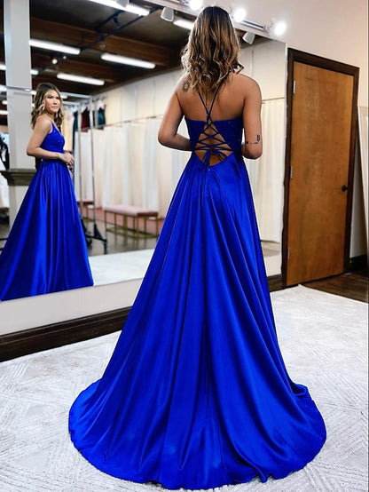 A-Line Prom Dresses Empire Dress Formal Court Train Sleeveless V Neck Satin Backless with Beading Appliques 2023 - LuckyFash™