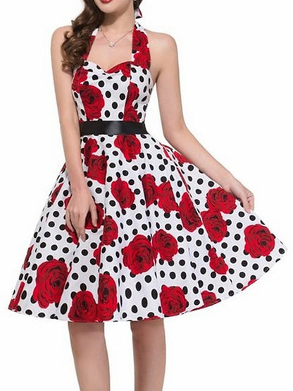 Women's Retro 1950s Vintage Tea Dresses Midi Dress Party Holiday Backless Print Floral Halter Sleeveless Regular Fit Summer Spring 2023 Black White S M L XL