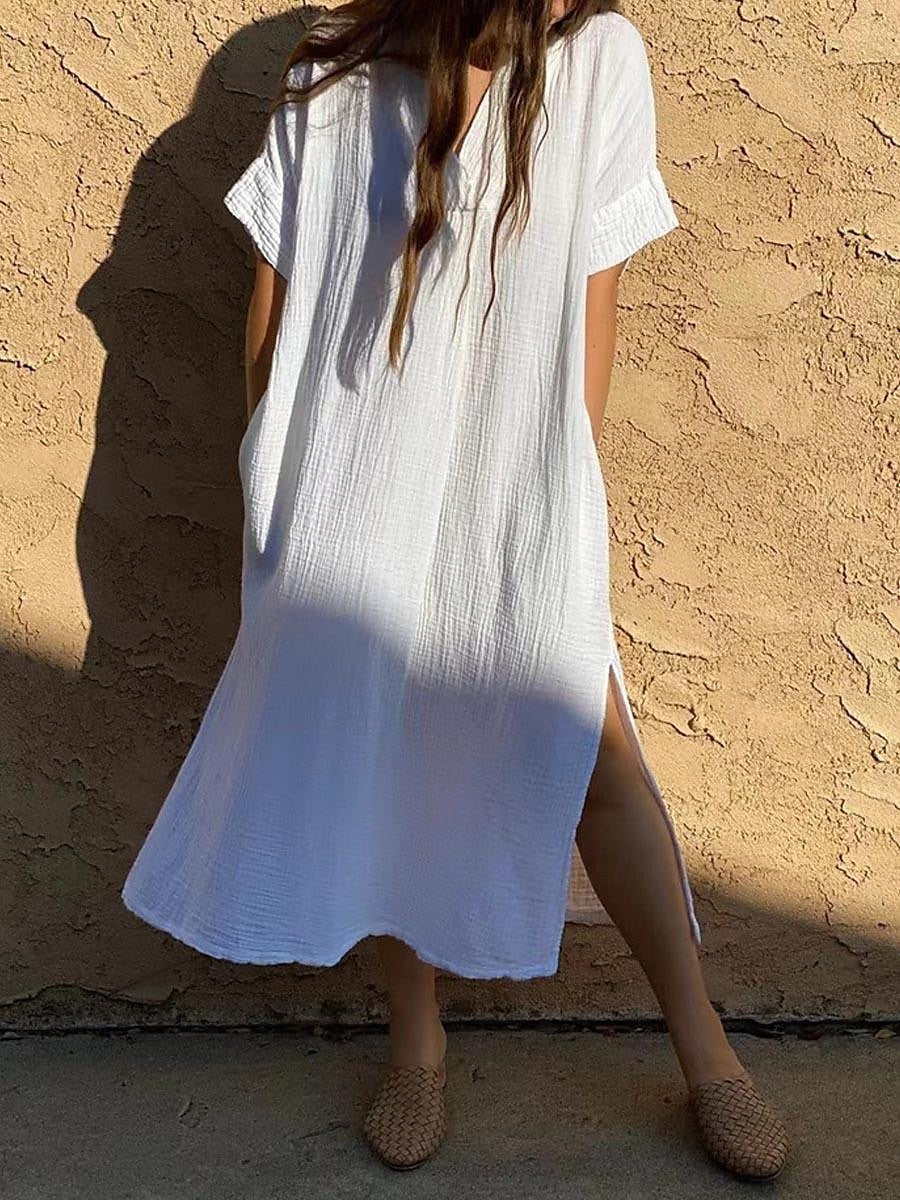 Women's White Dress Casual Dress Summer Dress Midi Dress Pocket Split Vacation Beach Basic V Neck Half Sleeve Black White Color