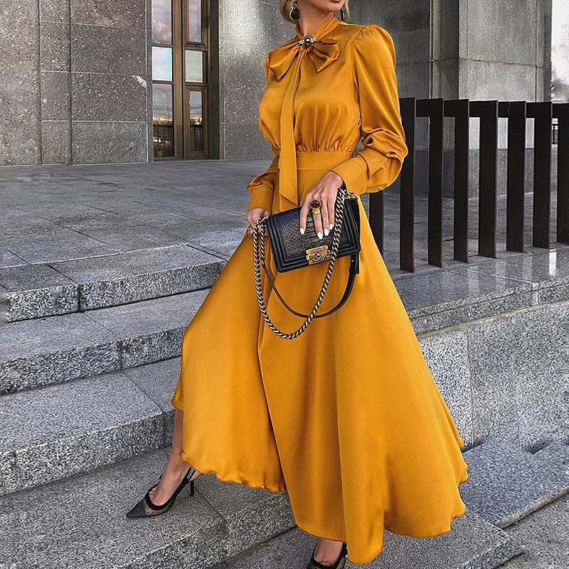 Women‘s Party Dress Wedding Guest Dress Satin Dress Swing Dress Long Dress Maxi Dress Black Yellow Red Long Sleeve Pure Color Lace up Fall Autumn Stand Collar Modern Winter Dress 2023 S M L XL XXL