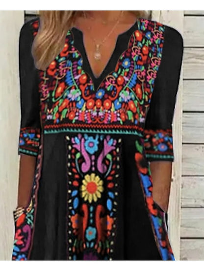 Women's Dress - Casual Dress Ethnic Dress Shift Dress Midi Dress Black Half Sleeve Floral Pocket Fall Spring Summer V Neck Vintage Birthday Daily Date 2023 S M L XL XXL 3XL