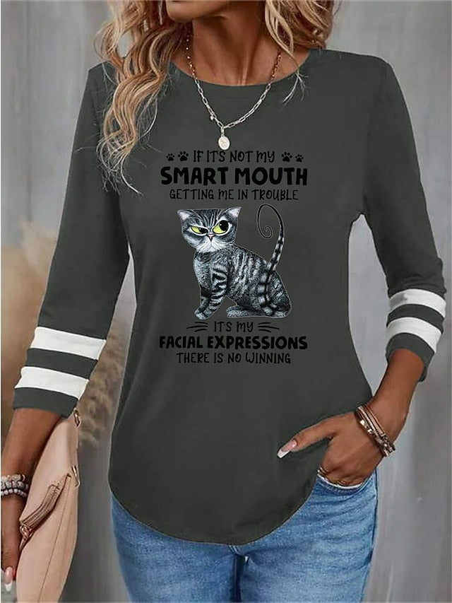 Women's T shirt Tee Cat Letter Daily Weekend Print Black Long Sleeve Fashion Funny Round Neck Spring &  Fall