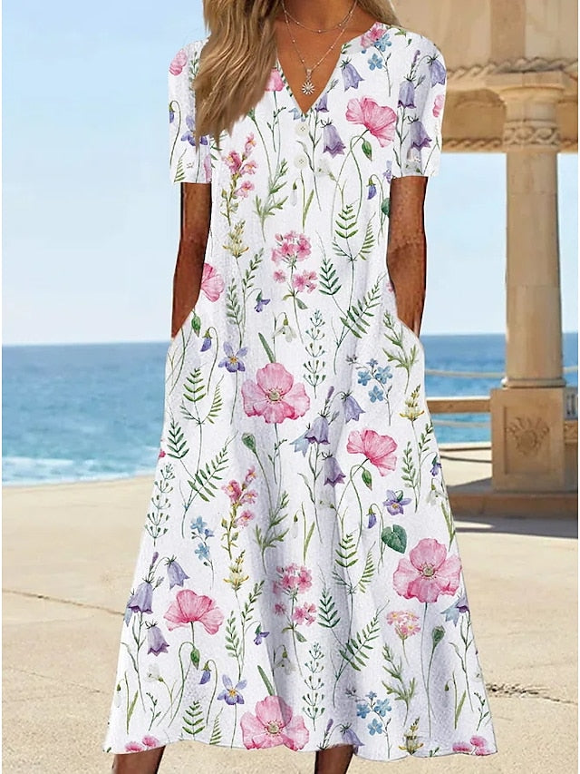 Women's Casual Dress T Shirt Dress Tee Dress Shift Dress Midi Dress White Yellow Pink Short Sleeve Floral Print Summer Spring V Neck Basic Vacation Summer Dress Spring Dress 2023 S M L XL XXL 3XL - LuckyFash™