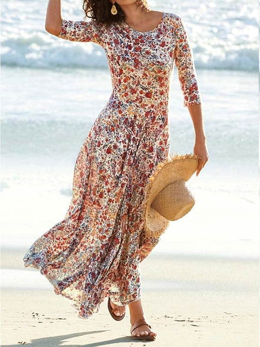 Women‘s Boho Dress Midi Dress Pink 3/4 Length Sleeve Floral Ruched Summer Spring Fall Crew Neck Stylish Weekend 2023 S M L XL XXL 3XL