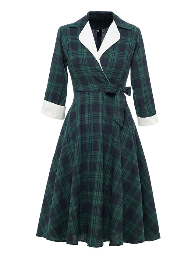 Women's Tartan Dress Swing Dress Plaid Dress Vintage Dress Green Red Long Sleeve Plaid Lace up Winter Fall Shirt Collar Mature Winter Dress Fall Dress 2022 S M L XL XXL