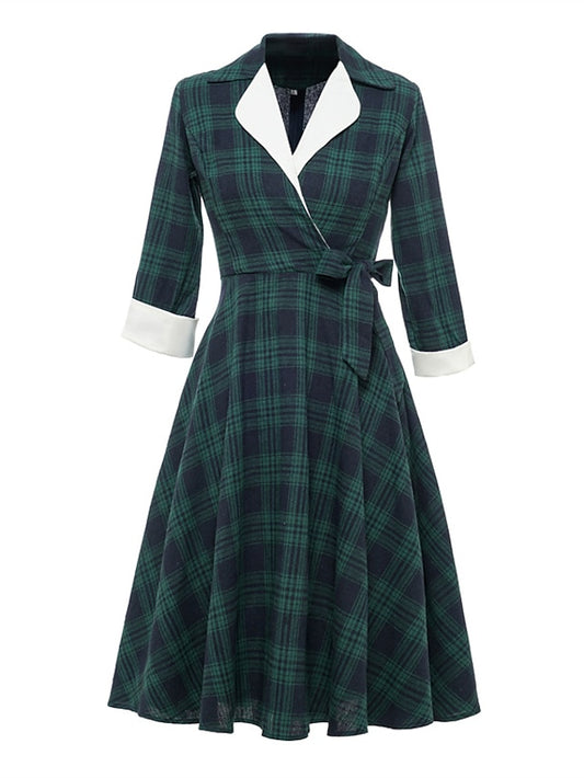 Women's Tartan Dress Swing Dress Plaid Dress Vintage Dress Green Red Long Sleeve Plaid Lace up Winter Fall Shirt Collar Mature Winter Dress Fall Dress 2022 S M L XL XXL