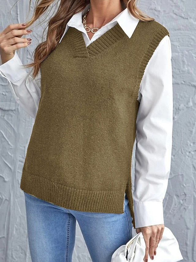 Women's Sweater Vest Pullover Sweater Jumper V Neck Ribbed Knit Nylon Acrylic Rayon Patchwork Summer Spring Fall Regular Home Daily Stylish Casual Soft Long Sleeve Solid Color Black Light Green Wine