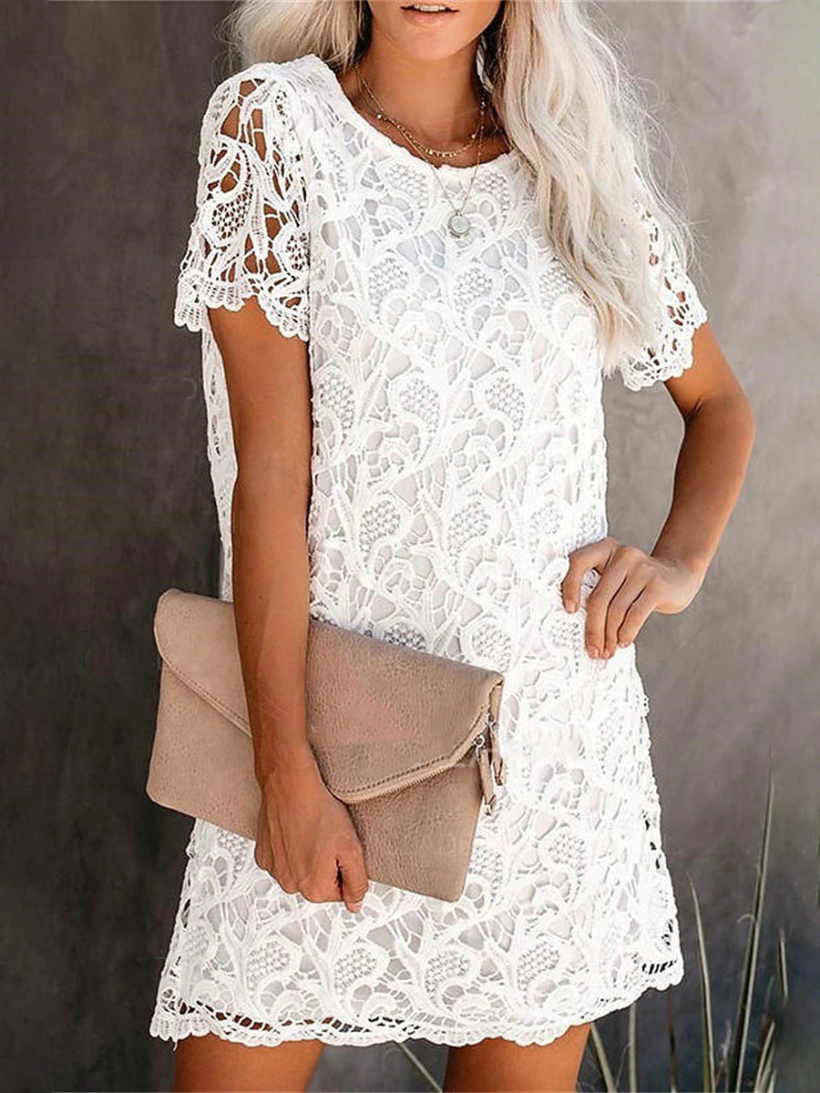 Women's Work Dress Semi Formal Dress White Lace Wedding Dress Elegant Mini Dress with Sleeve Crew Neck Short Sleeve Plain Loose Fit White Summer Spring S M L XL XXL