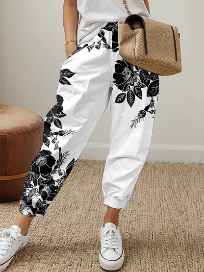 Women's Sweatpants Polyester Floral Black White Active Mid Waist Long Street Daily Wear Spring