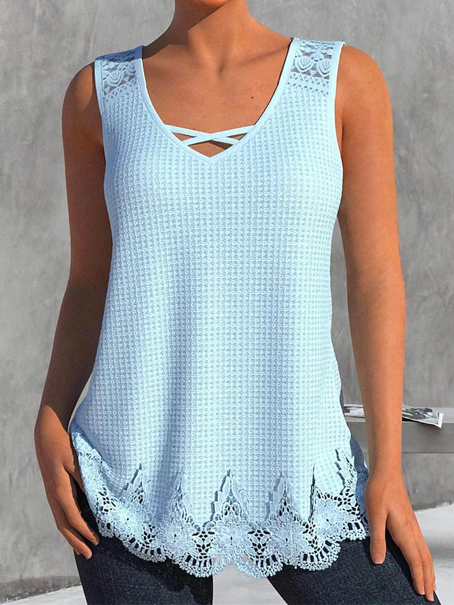 Women's Sweater Vest Jumper Waffle Knit Lace Trims Solid Color V Neck Stylish Casual Outdoor Daily Summer Spring White Light Blue S M L - LuckyFash™