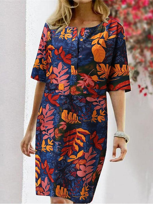Women's Casual Dress Shift Dress Leaf Print Crew Neck Mini Dress Vacation Short Sleeve Summer