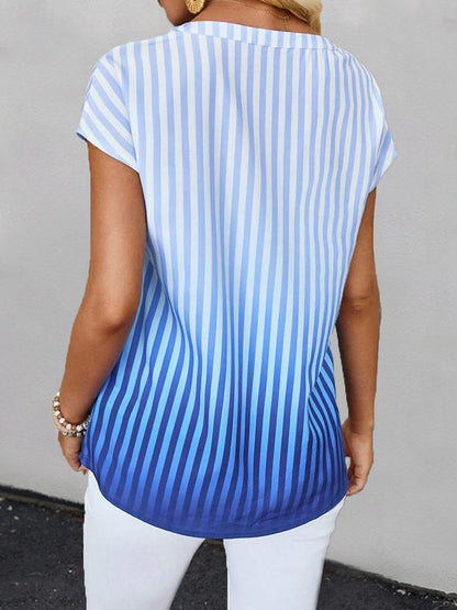 Women's T shirt Tee Ombre Striped Daily Going out Button Print Blue Short Sleeve Stylish V Neck Summer