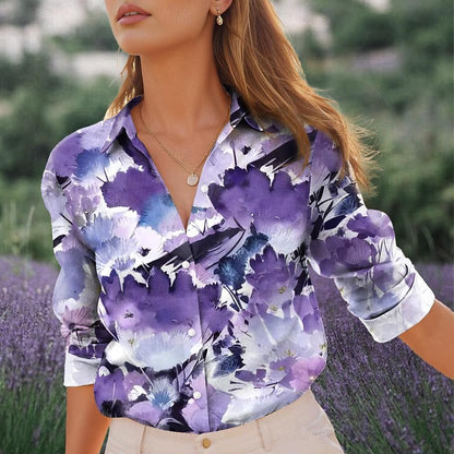 Women's Shirt Blouse Floral Casual Holiday Button Print Purple Long Sleeve Fashion Streetwear Shirt Collar Summer Spring