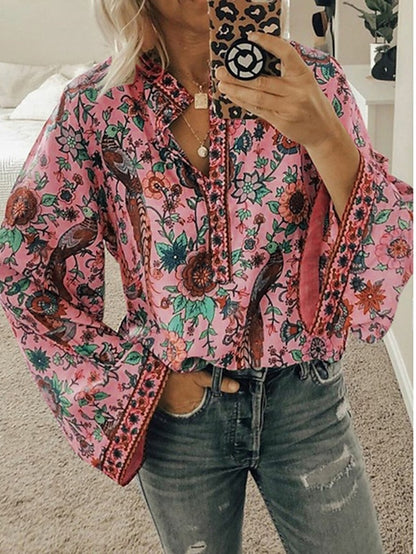 Women's Shirt Blouse Yellow Pink Dusty Rose Graphic Floral Button Print Long Sleeve Daily Holiday Vintage Boho Streetwear Round Neck Regular Boho S