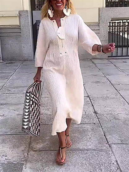 Women's White Dress Casual Dress Summer Dress Midi Dress Button Daily Date Fashion Basic Split Neck 3/4 Length Sleeve White Color