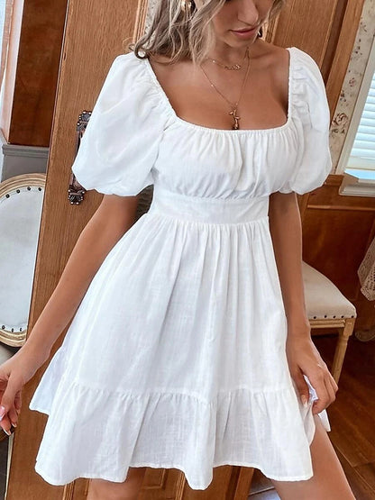 Women's White Dress Casual Dress Swing Dress Mini Dress Backless Bow Date Vacation Streetwear A Line Square Neck Short Sleeve Black White Color