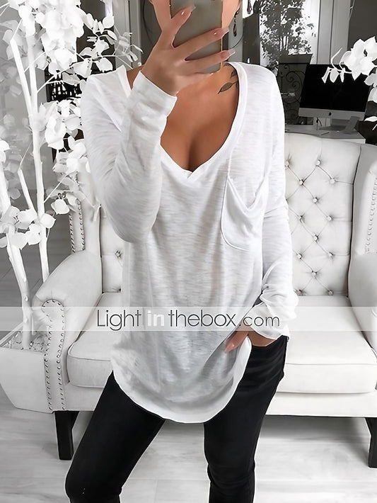 Women's T shirt Tee Tunic Black White Pink Solid Colored Pocket Long Sleeve Casual Daily Basic V Neck Regular Loose Fit S