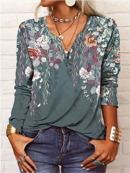 Women's T shirt Tee Floral Holiday Weekend Button Print Black Long Sleeve Daily Basic V Neck Fall & Winter