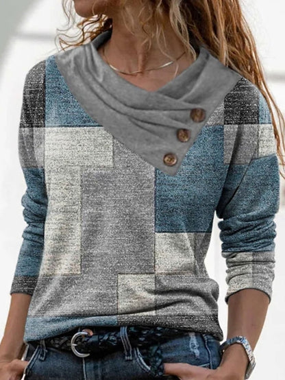 Women's T shirt Tee Red Navy Blue Blue Geometric Abstract Button Print Long Sleeve Casual Weekend Basic Pile Neck Regular Geometric Painting S - LuckyFash™