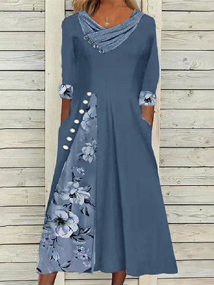 Women's Swing Dress Midi Dress Green Blue Gray Half Sleeve Floral Split Print Summer Spring V Neck Stylish Casual 2023 S M L XL XXL 3XL - LuckyFash™